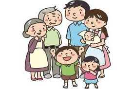 ilustração família inteira: Bebé, criança, pais, avôs.